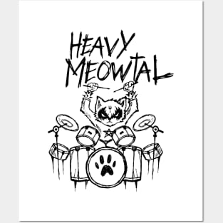 Heavy Metal Headbanger Gift Drummer Cat Playing Drum Meowtal Posters and Art